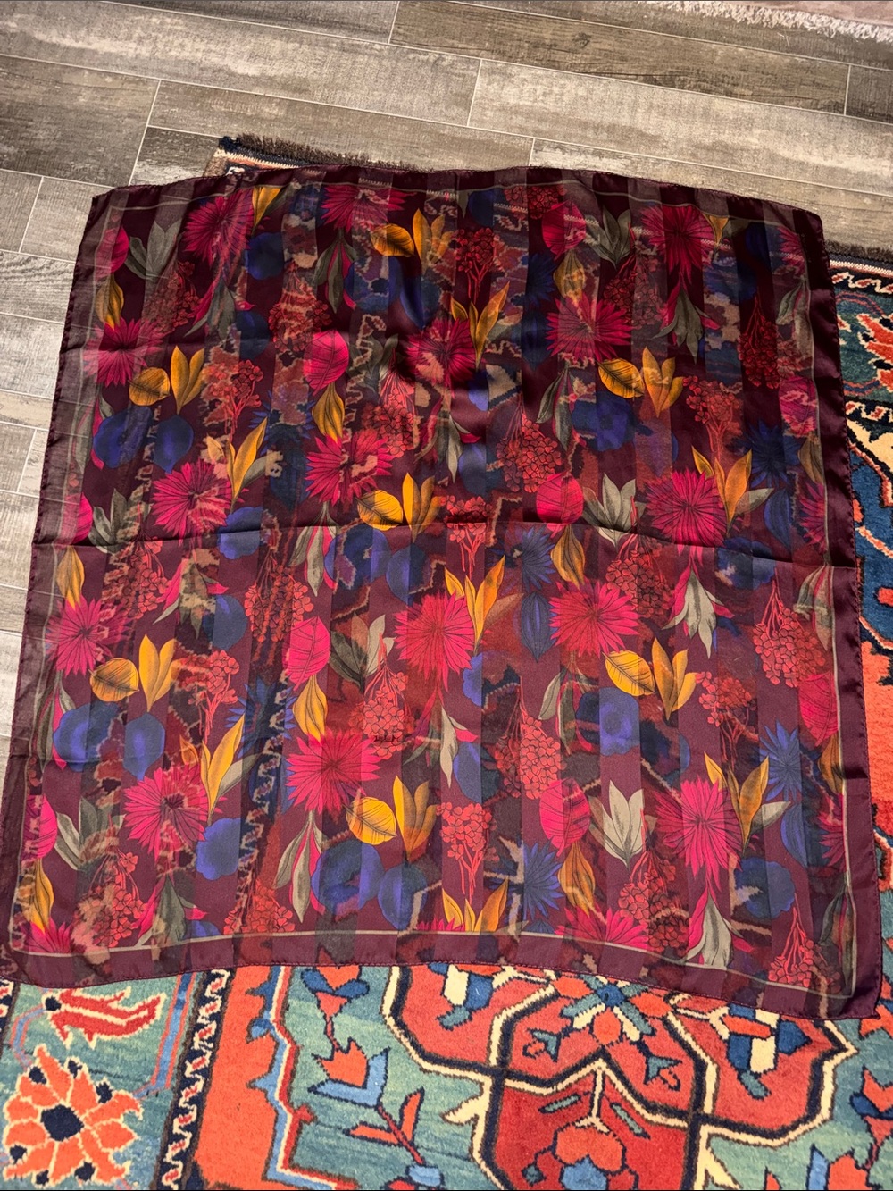 VTG Elaine Gold Floral Striped Silk Chiffon Scarf Jewel Tone Pink Purple